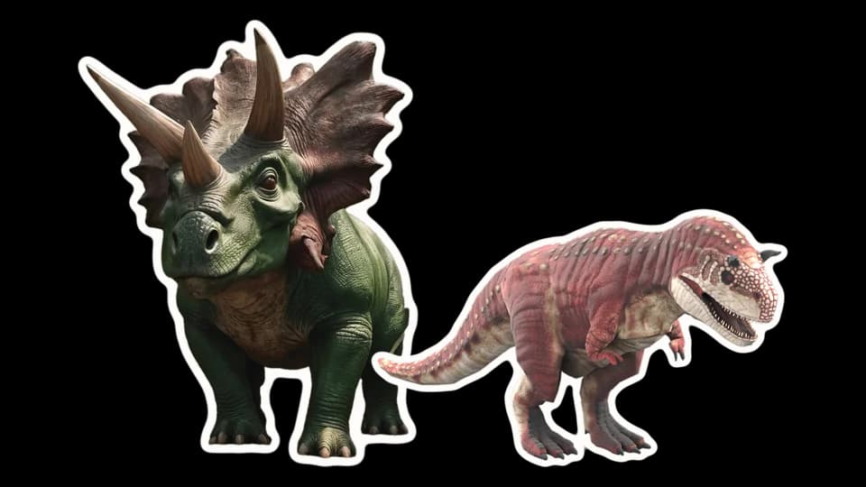 A Triceratops and a Carnotaurus, paper cut-outs