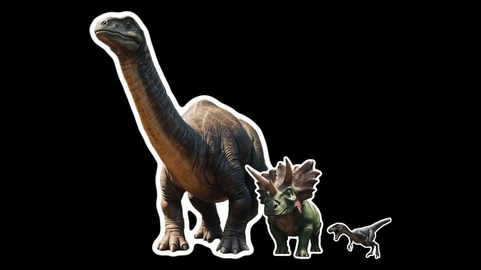 An Apatosaurus, a Triceratops and a Velociraptor, paper cut-outs