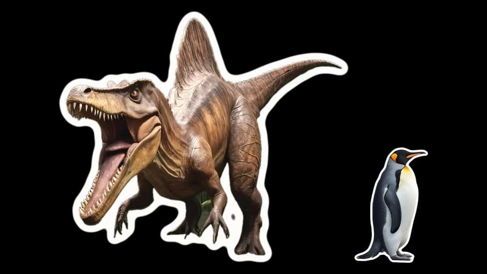 A Spinosaurus and a penguin, paper cut-outs