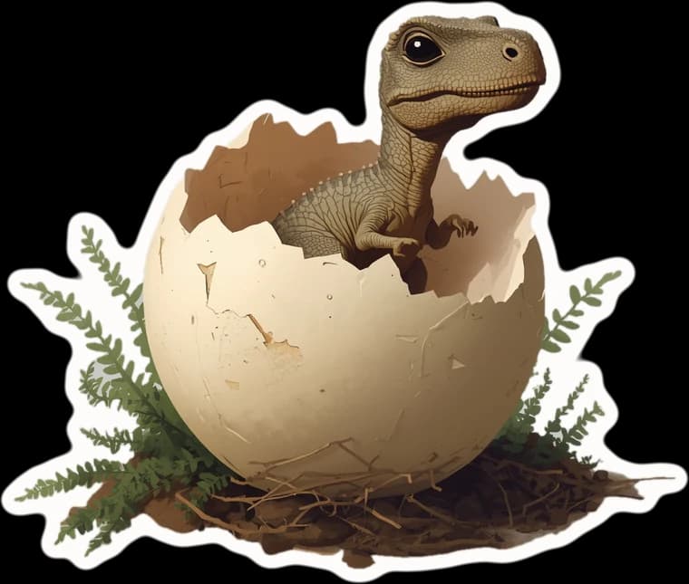 A baby dinosaur hatching out of a cracked egg in a nest, a paper cut-out