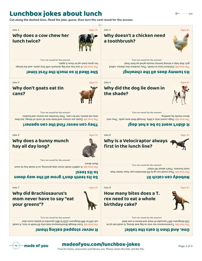Page 1 of the lunchbox joke cards: eight cards, each with a joke, a picture and the answer printed upside down
