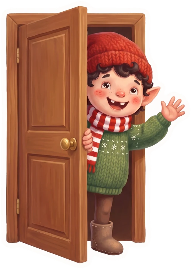 Our elf, waving from a little open door