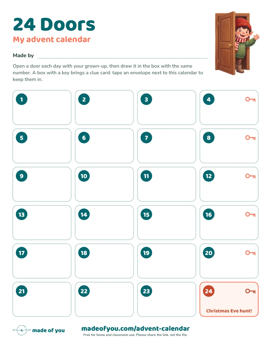The fridge calendar: 24 numbered boxes to draw in, and box 24 for the Christmas Eve hunt