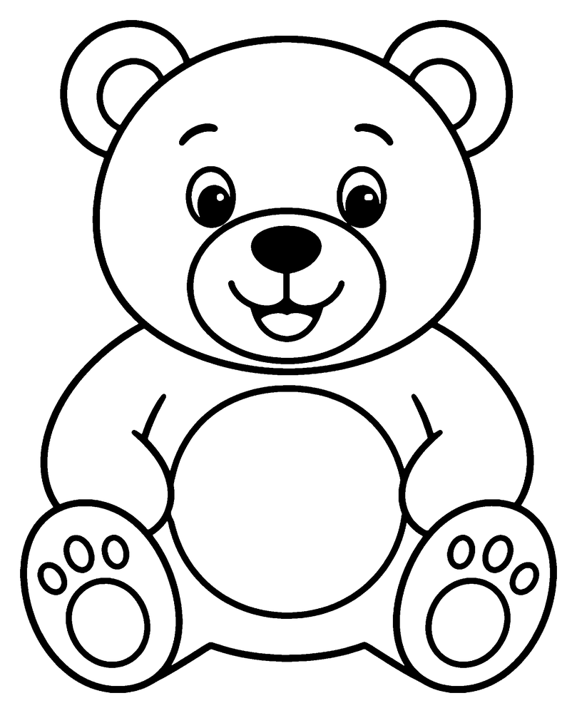 Bear coloring page: a cuddly bear sitting down, with round ears and big paws.