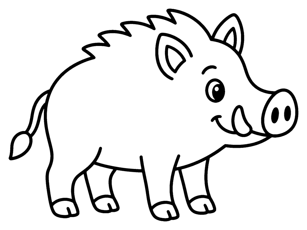 Animal coloring page: a wild boar with two little tusks and a tufted tail.
