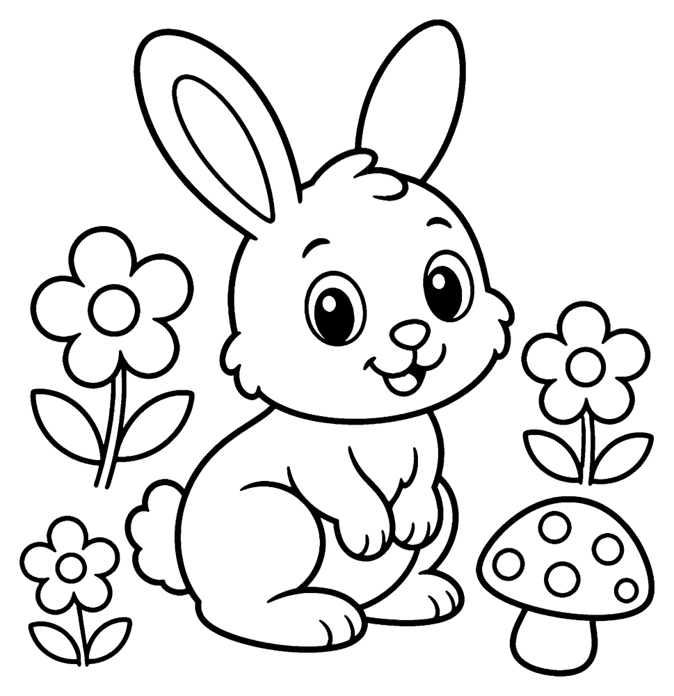 Bunny coloring page: a bunny sitting between flowers and a spotty mushroom.