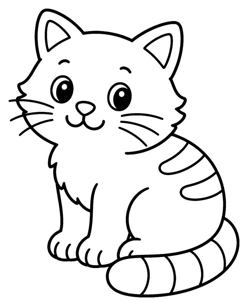 Cat coloring page: a striped cat sitting sideways, with stripes on its back and a long striped tail.