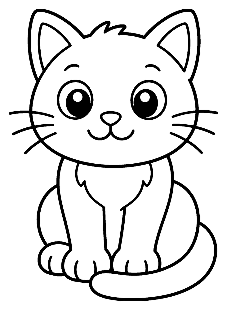 Cat coloring page: a cute cat sitting with big eyes, long whiskers and its tail curled around its paws.