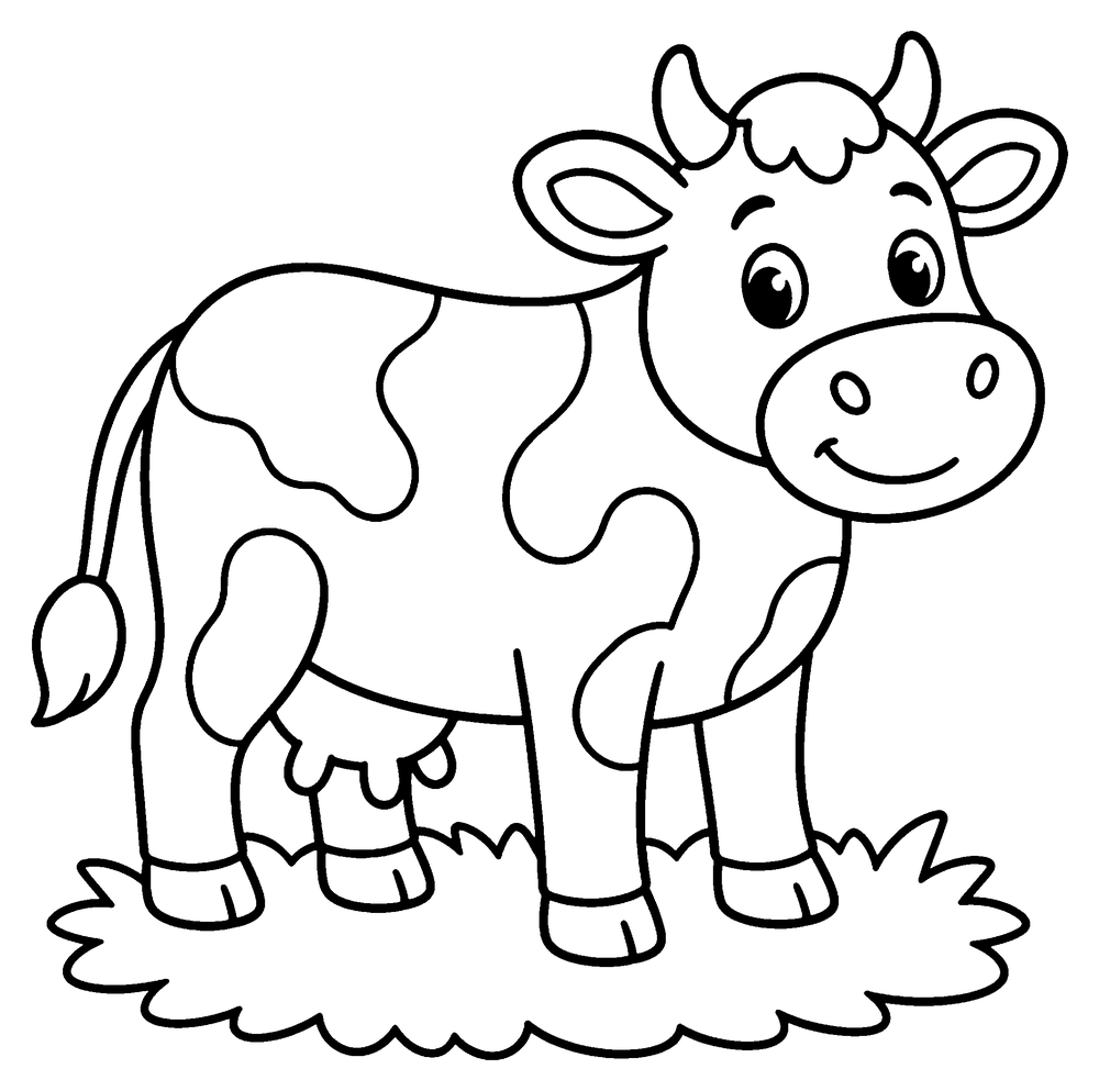 Animal coloring page: a spotty cow standing in the grass.