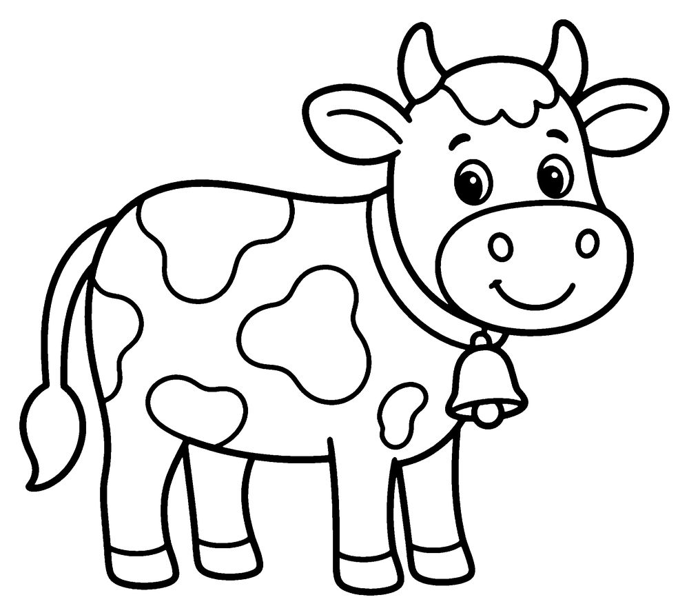 Animal coloring page: a smiling cow with patches, little horns and a bell around her neck.