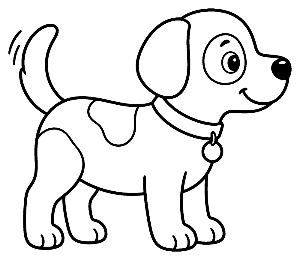 Dog coloring page: a standing dog with spots, a collar and a wagging tail.