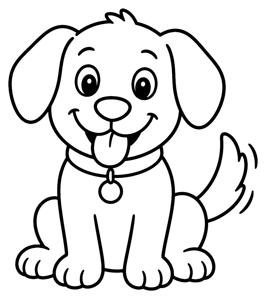 Dog coloring page: a happy dog sitting with floppy ears, its tongue out and a tag on its collar.