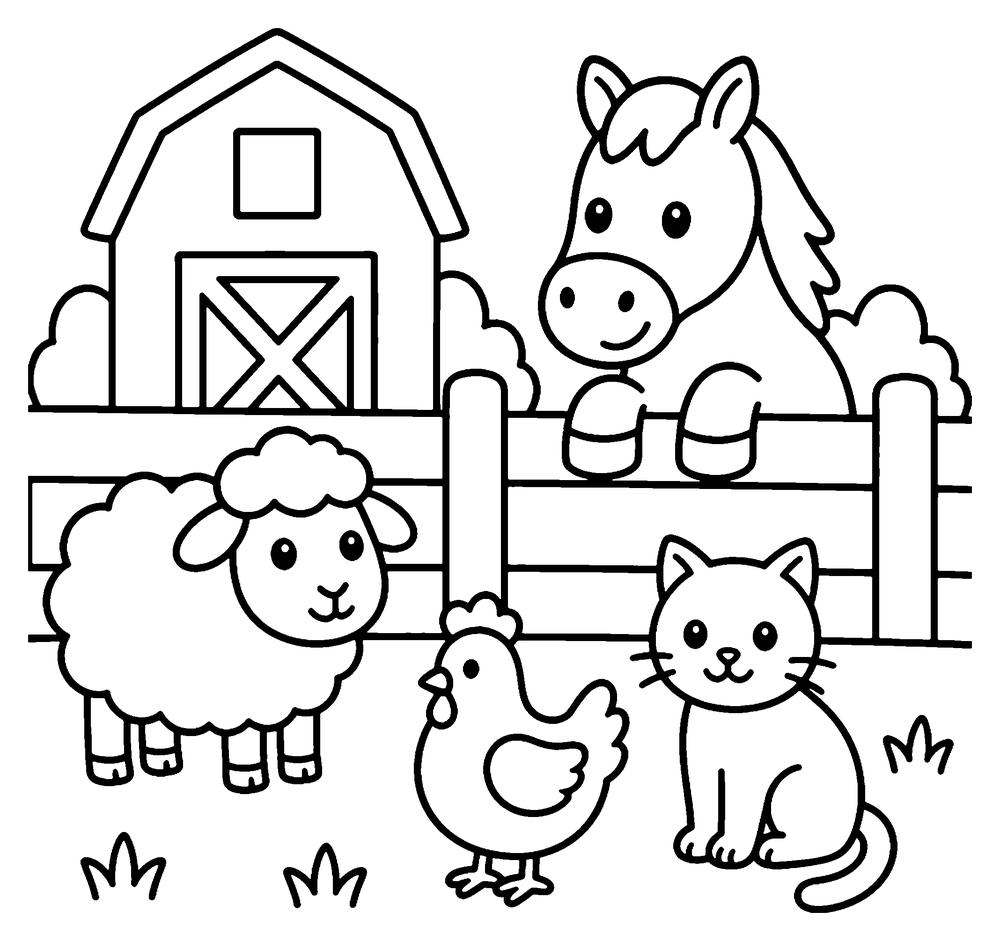 Farm animal coloring page: a horse looking over a fence at a sheep, a hen and a cat, with a barn behind.