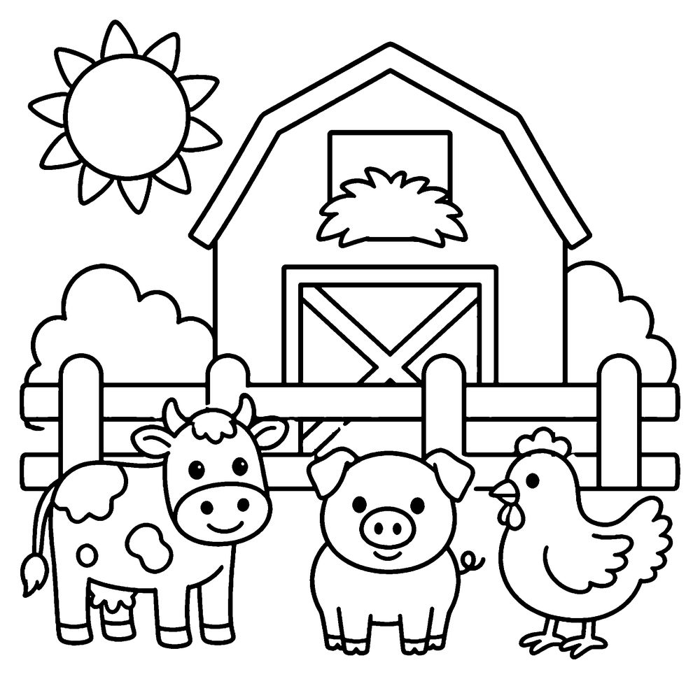 Farm animal coloring page: a barn, a fence, a cow, a pig, a hen and the sun.