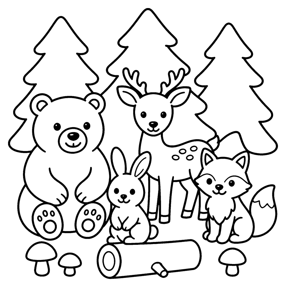 Forest animal coloring page: a bear, a deer, a rabbit and a fox among pine trees, with a log and mushrooms.