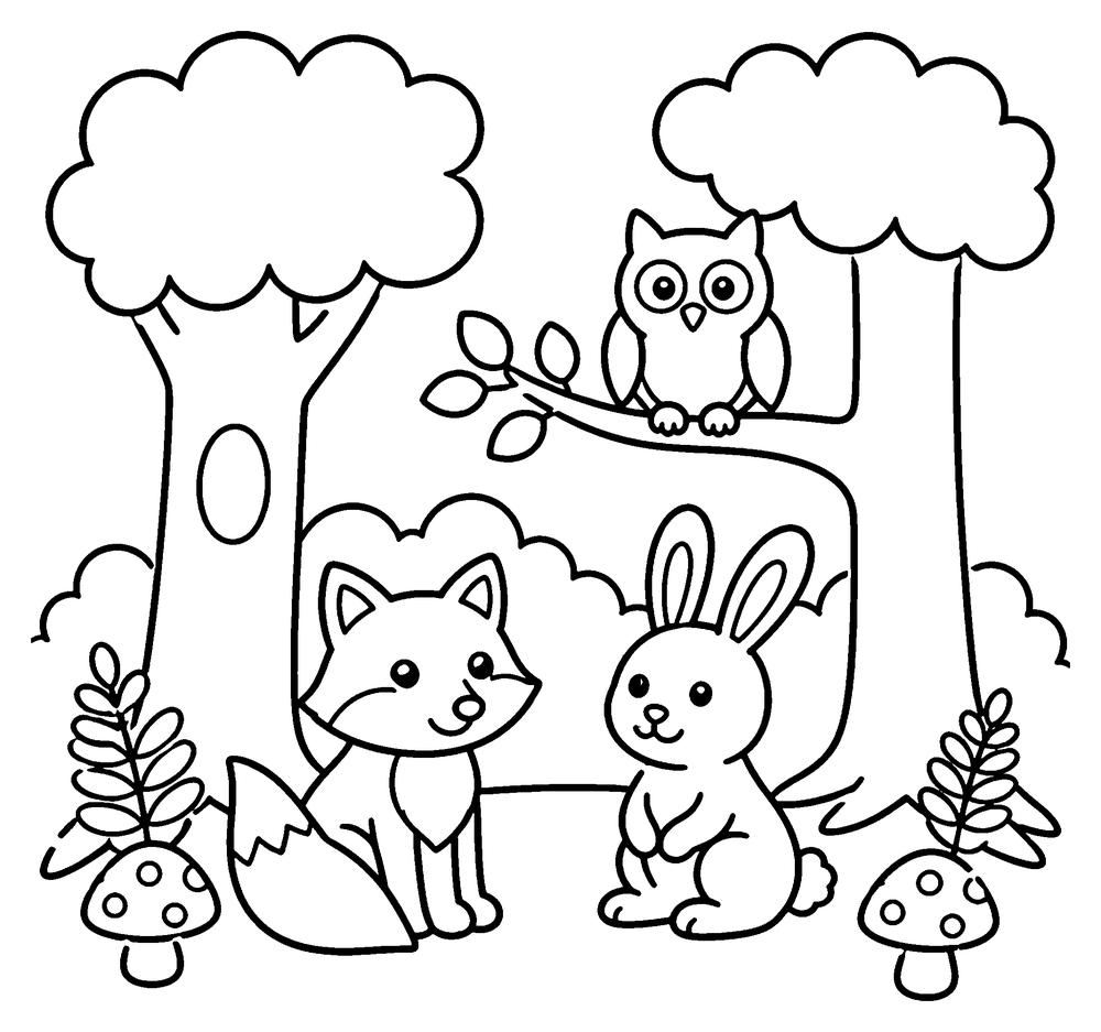 Forest animal coloring page: a fox, a bunny and an owl under two big trees, with ferns and mushrooms.