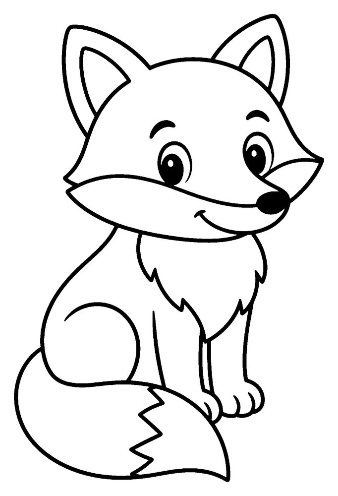 Fox coloring page: a smiling fox sitting with its big bushy tail around its feet.