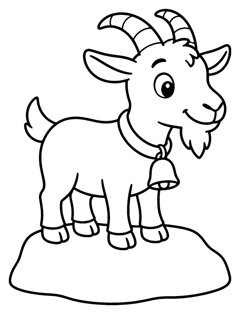 Animal coloring page: a goat with a bell around its neck, standing on a rock.