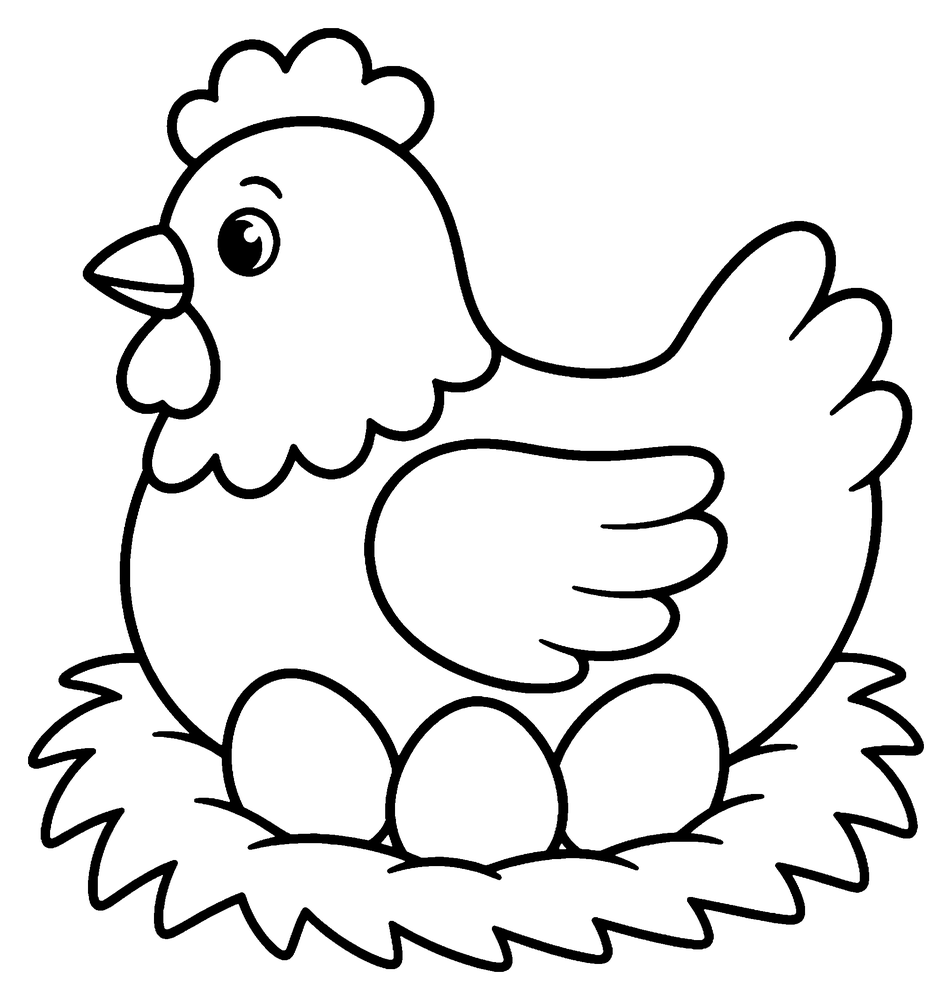 Animal coloring page: a hen sitting on her nest with eggs.