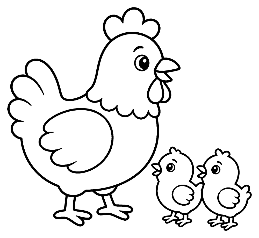 Animal coloring page: a mother hen with two little chicks.