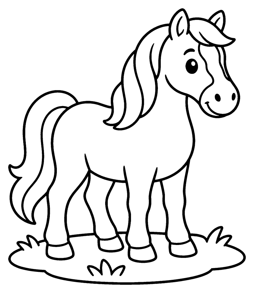Horse coloring page: a horse with a long mane standing on a patch of grass.