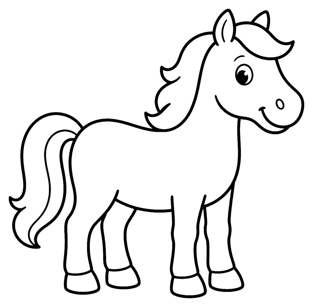 Horse coloring page: a friendly horse standing, with a long flowing mane and tail.