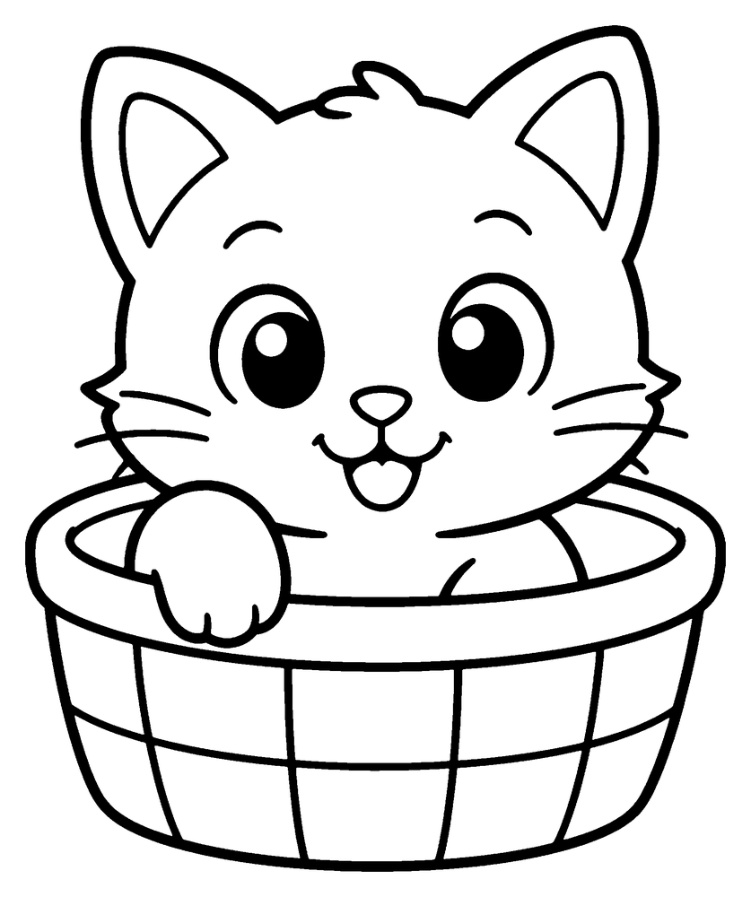 Cat coloring page: a smiling kitten peeking out of a woven basket.