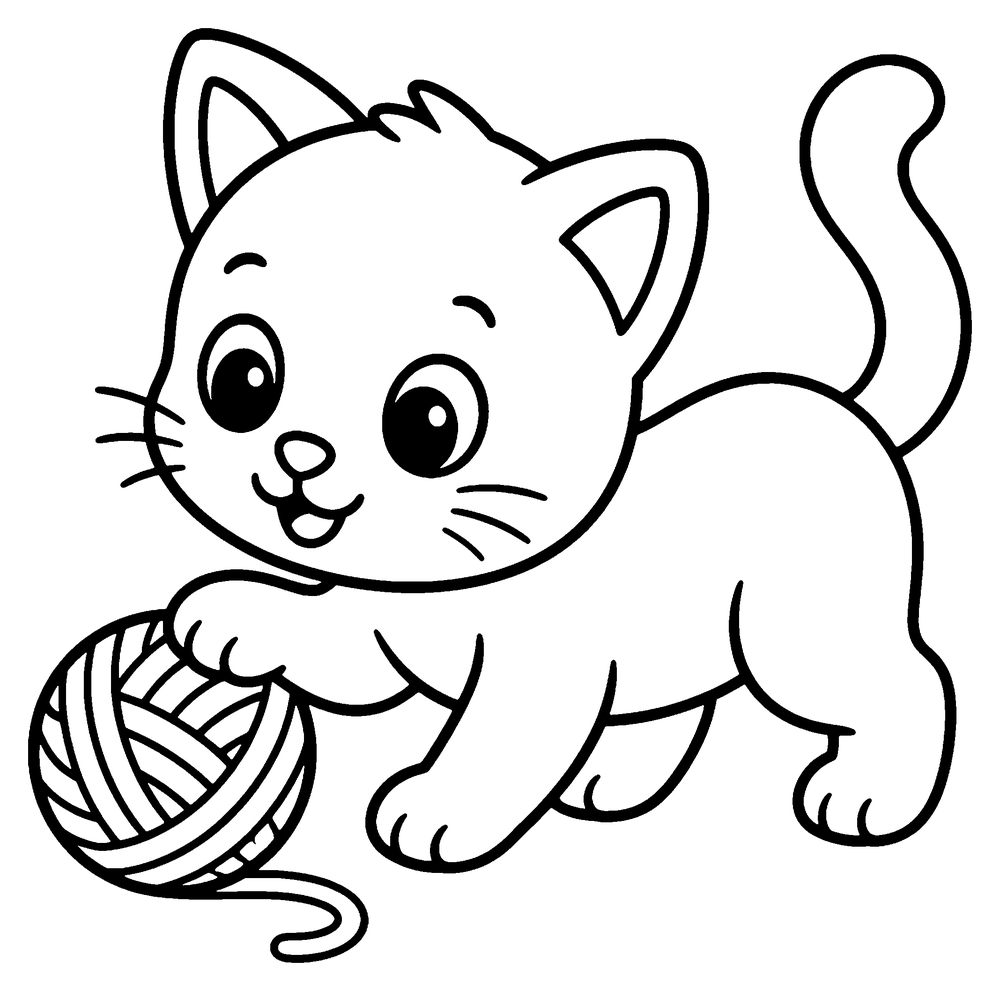 Cat coloring page: a playful kitten with a paw on a ball of yarn.