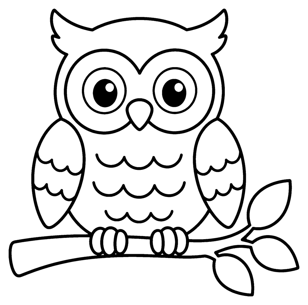 Owl coloring page: an owl with wavy feathers sitting on a branch with leaves.