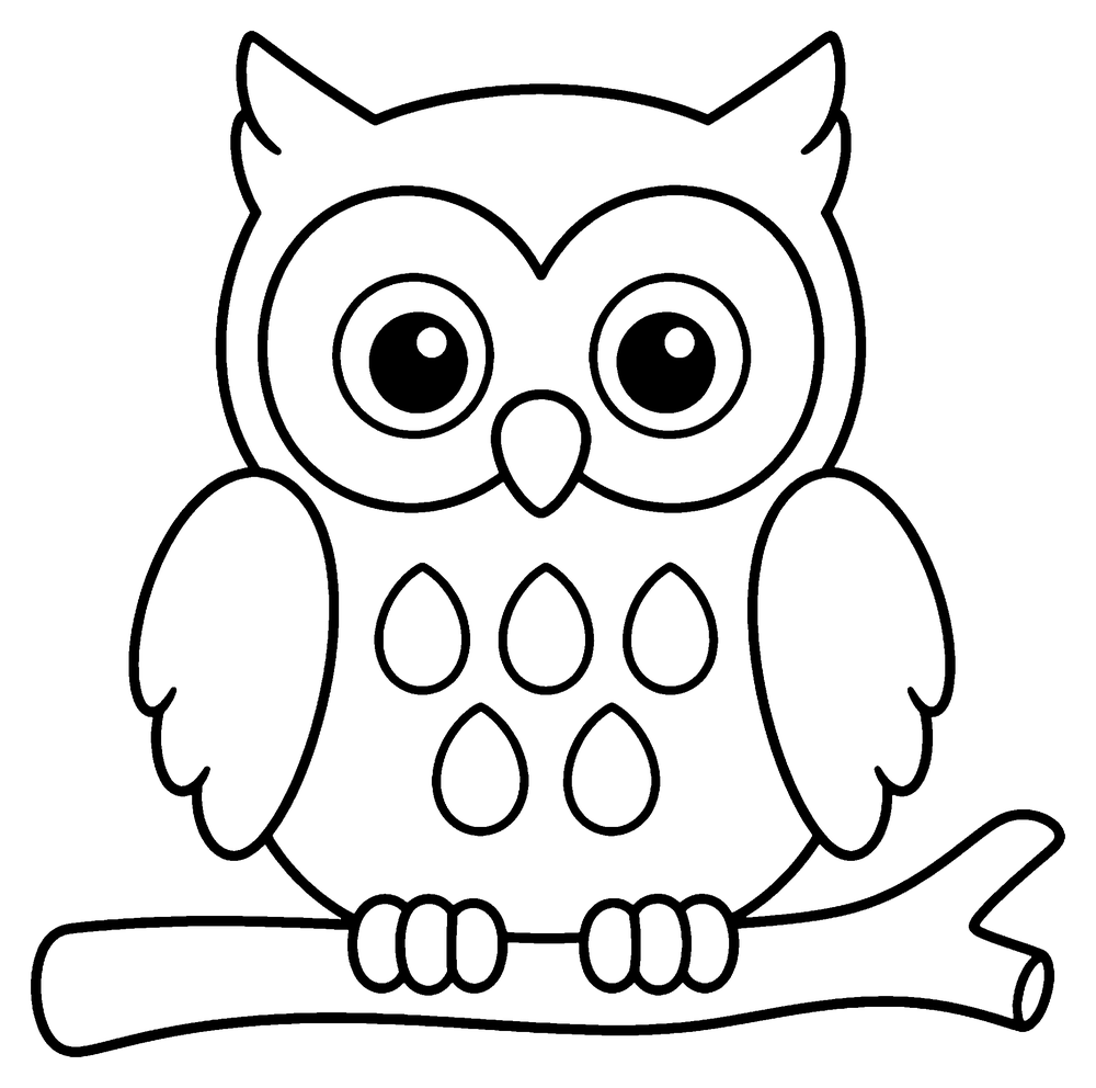 Owl coloring page: a round owl with big eyes sitting on a branch.