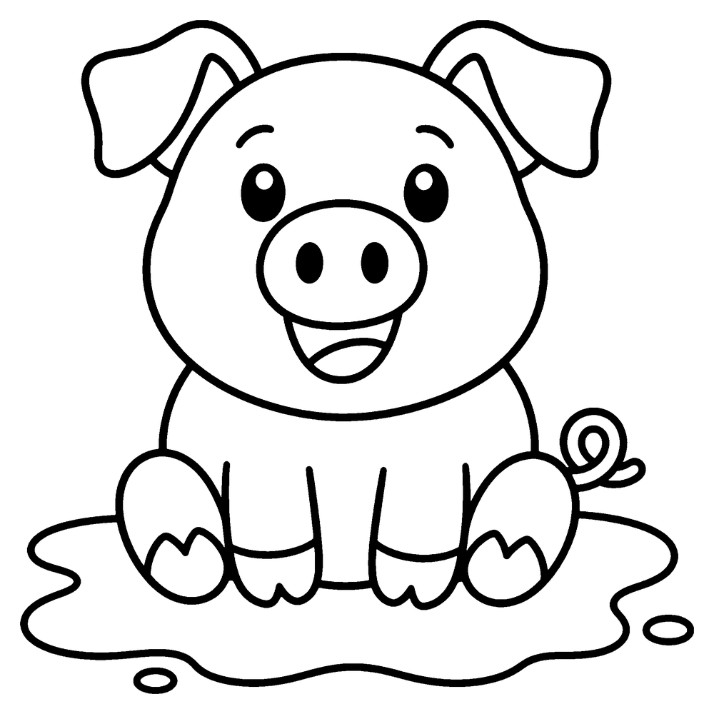 Animal coloring page: a happy pig sitting in a puddle of mud.