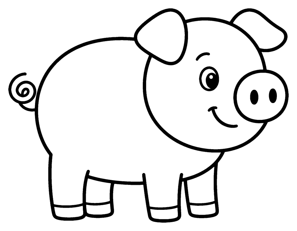 Animal coloring page: a round, smiling pig with a curly tail.