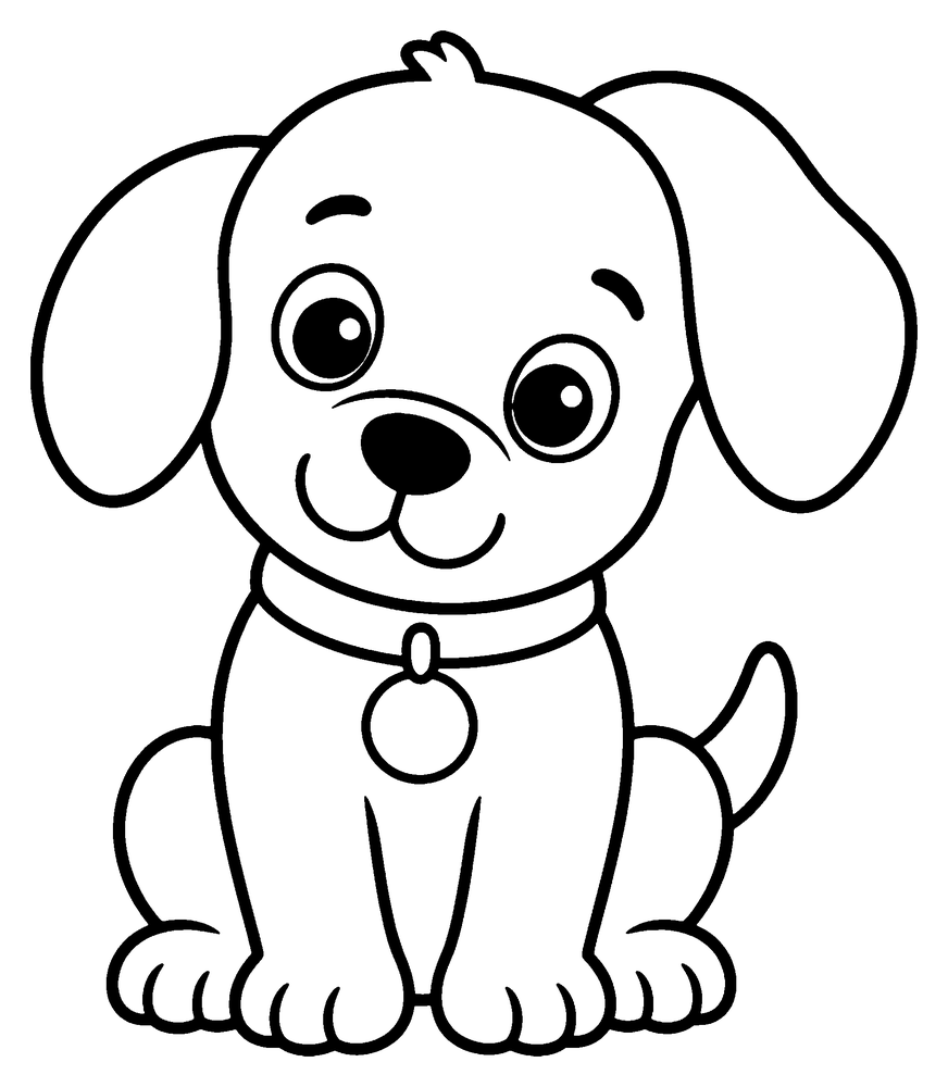 Dog coloring page: a puppy sitting up, with floppy ears and a round tag on its collar.