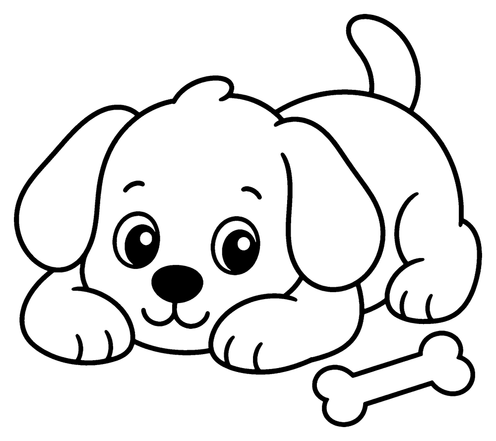 Dog coloring page: a puppy with floppy ears lying down next to a bone.