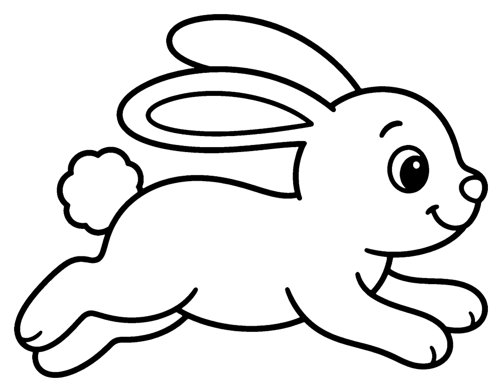 Rabbit coloring page: a rabbit in the middle of a big hop, with a fluffy tail.