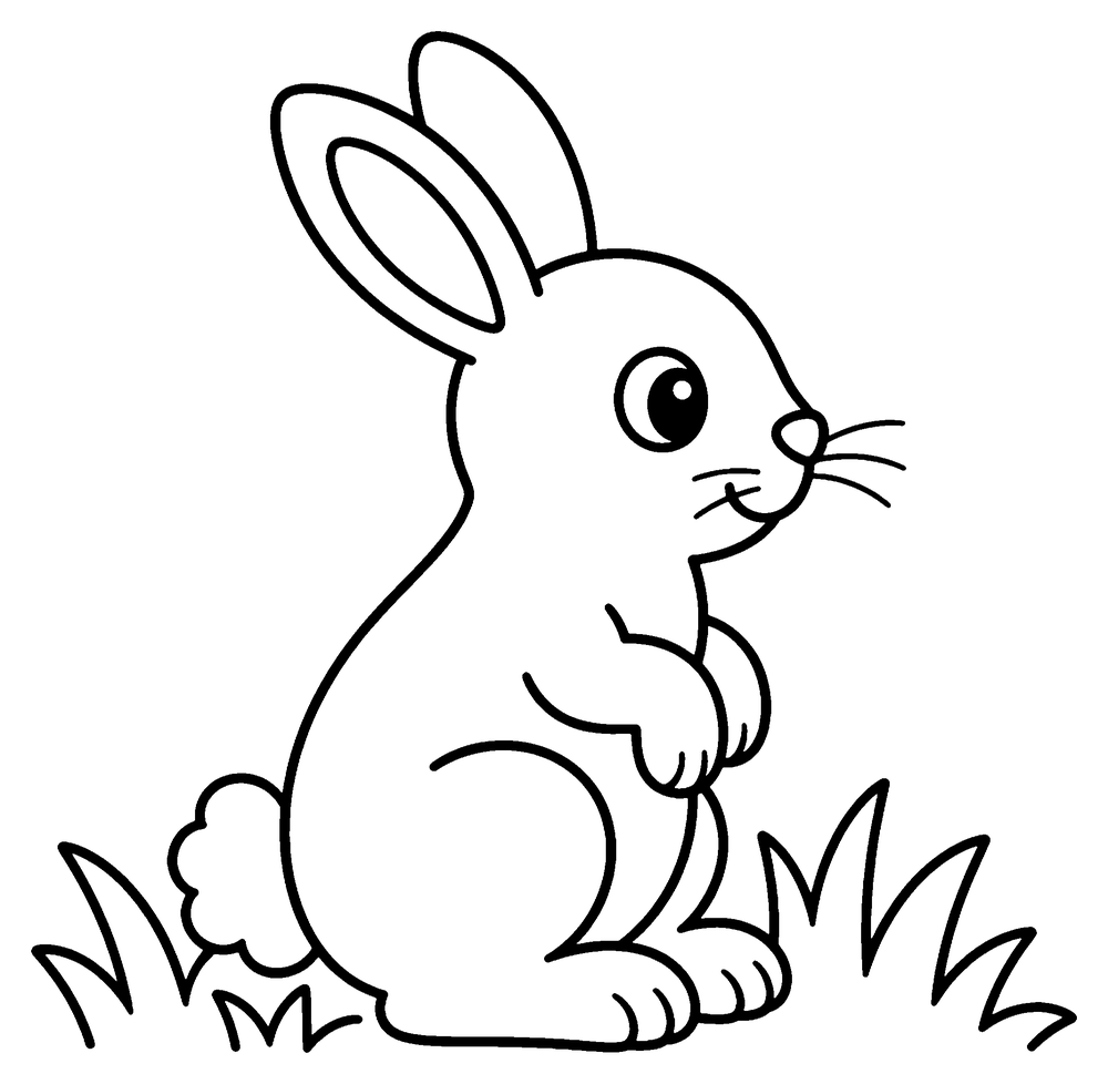 Rabbit coloring page: a rabbit sitting up in the grass with its long ears up.