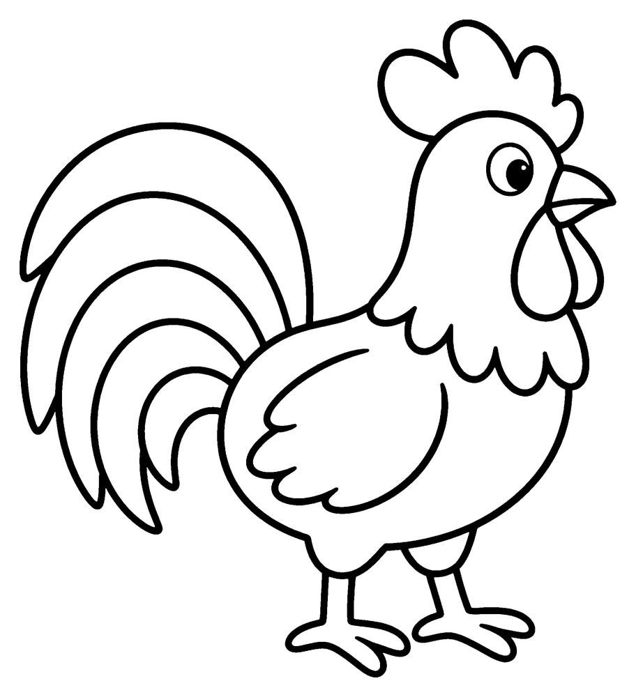 Animal coloring page: a rooster walking, with a big curved tail.