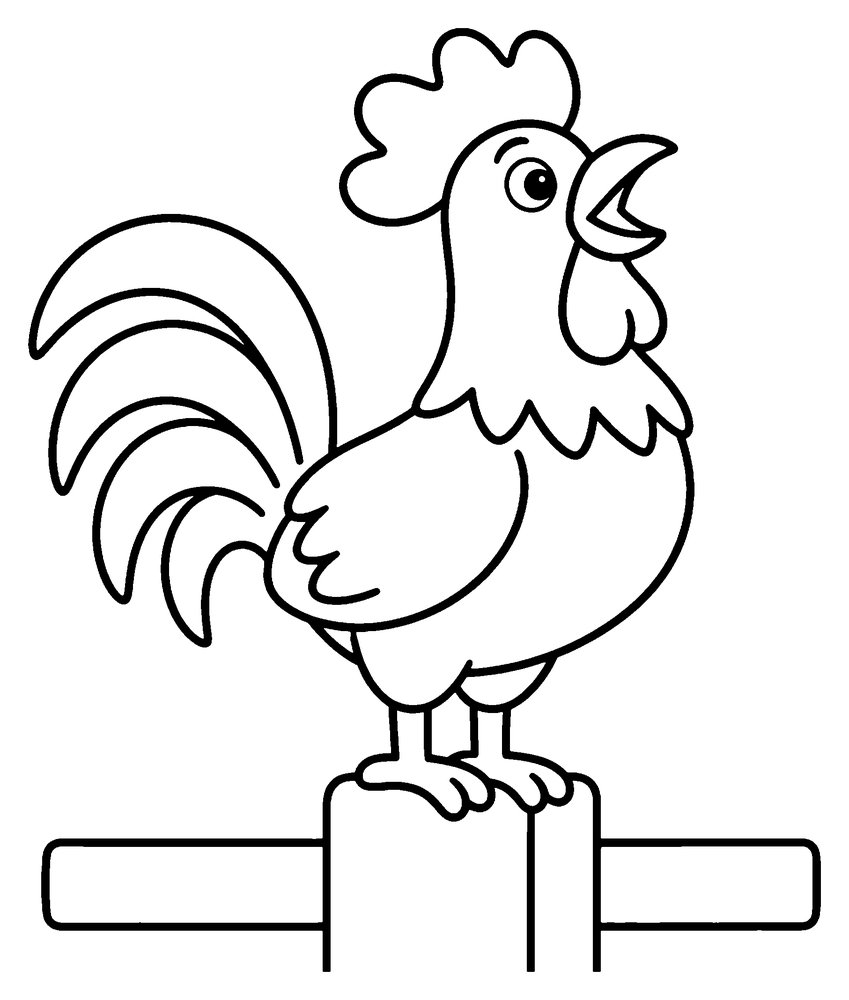 Animal coloring page: a rooster crowing on a fence post.