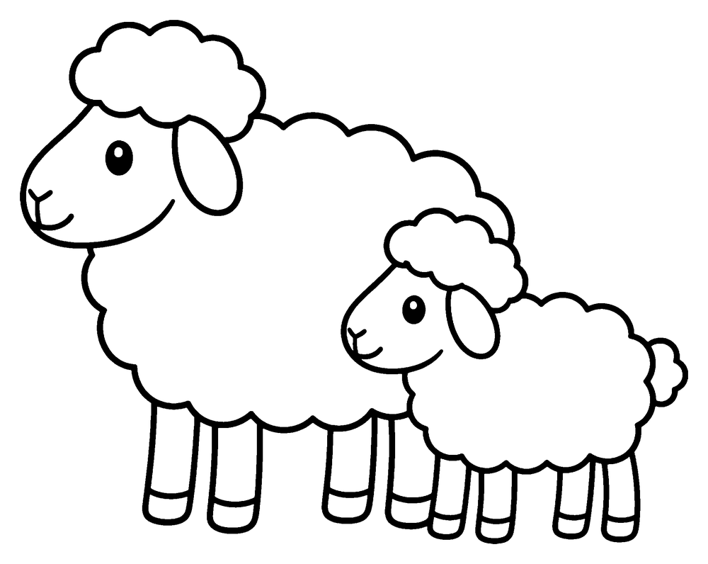Animal coloring page: a sheep and her little lamb standing side by side.