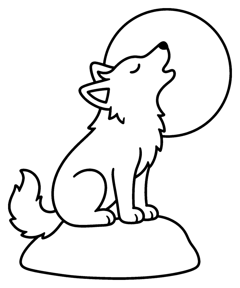 Wolf coloring page: a wolf sitting on a rock, howling in front of a big round moon.