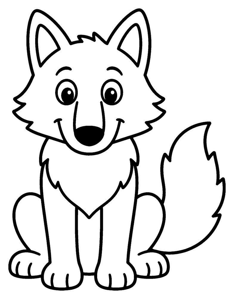 Wolf coloring page: a friendly wolf sitting up tall, with pointy ears and a fluffy tail.