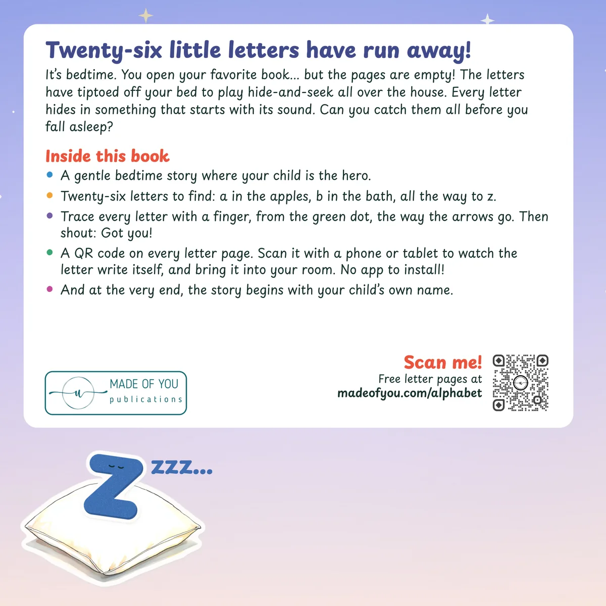 Catch the Letters! back cover: what is inside the book, and z asleep on a pillow