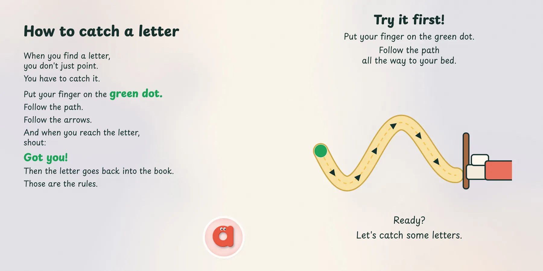 Inside Catch the Letters!: the page How to catch a letter, and a road to trace with a finger