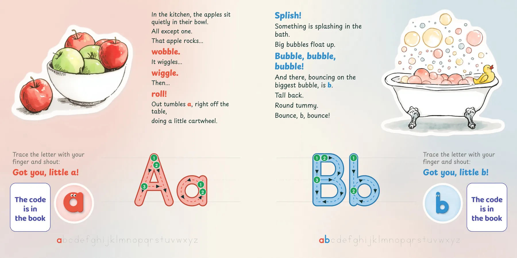 Inside Catch the Letters!: a tumbles out of the apple bowl. b bounces in the bath.