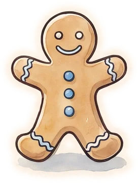 A gingerbread man with blue buttons and a blue bow tie, from The Christmas Secret