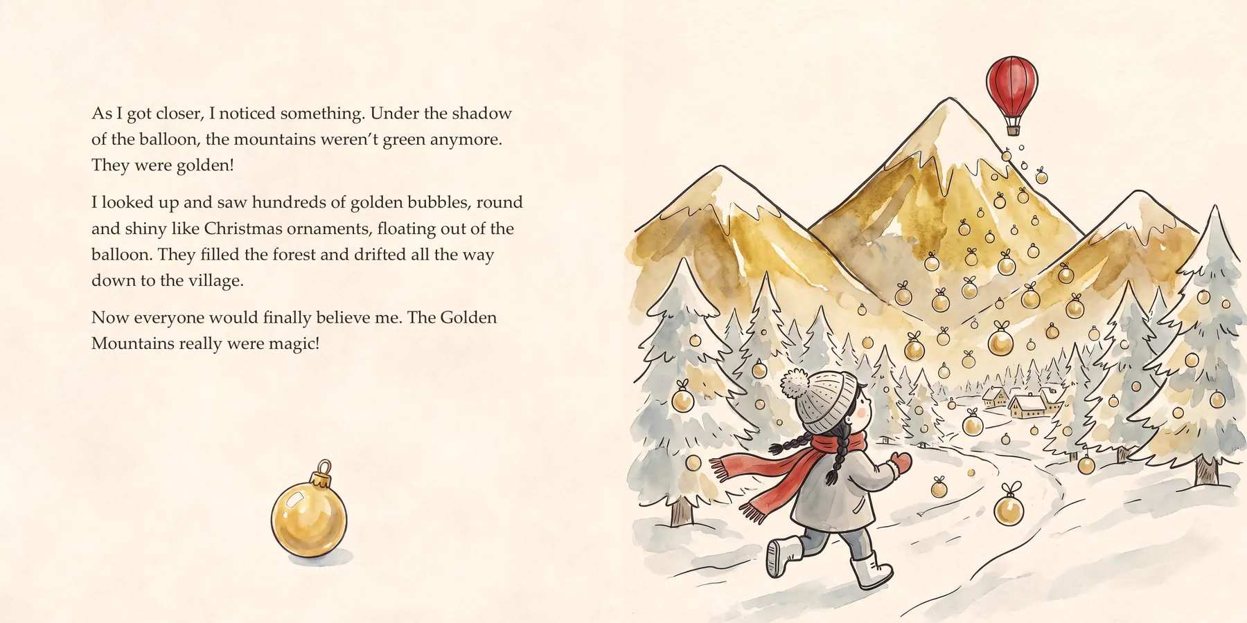 Inside The Christmas Secret, pages 16 and 17: Under the balloon the mountains turn gold, and the forest fills with golden bubbles.