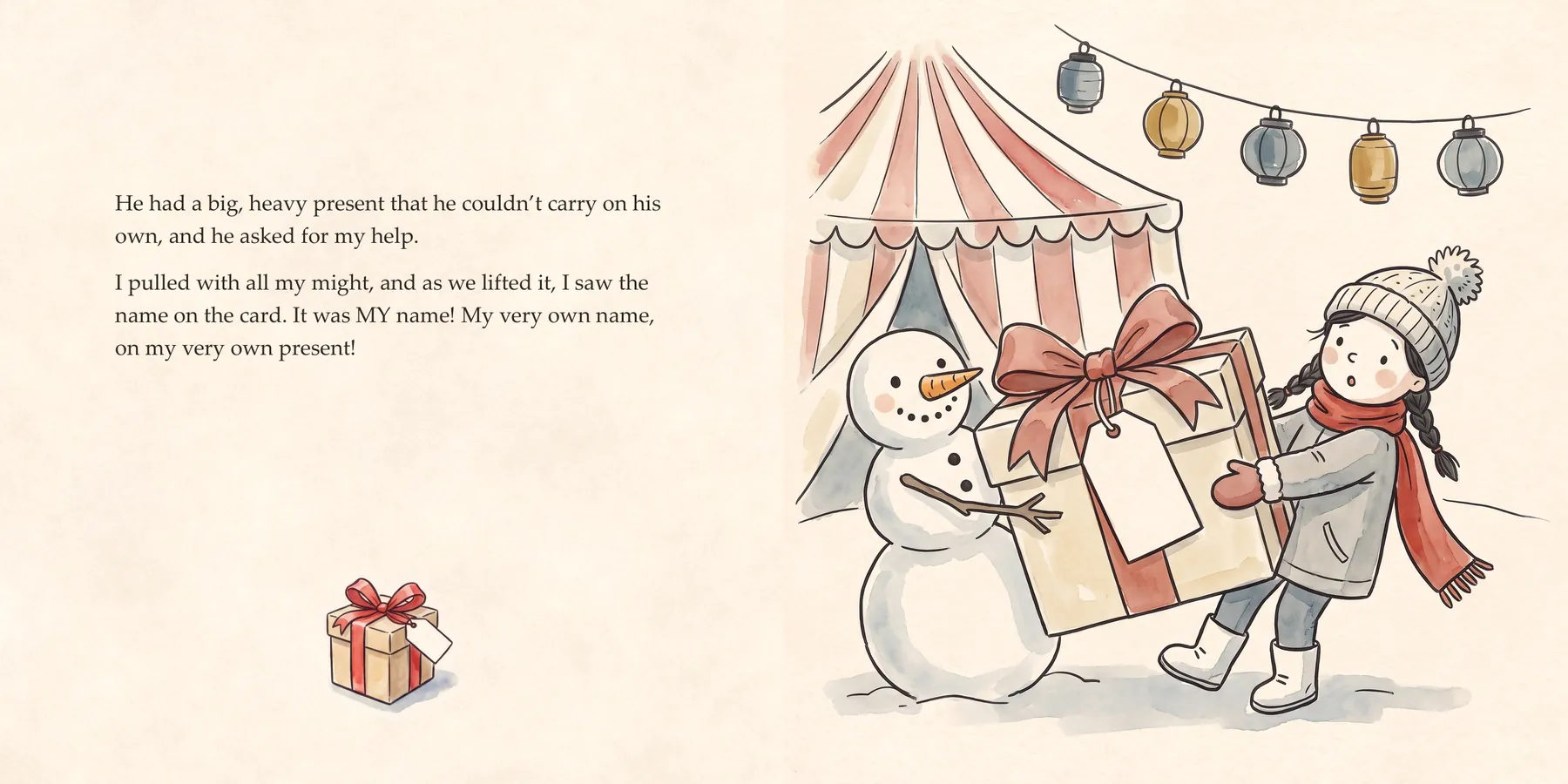 Inside The Christmas Secret, pages 22 and 23: A present with her name on the card. In the read-along, it's your child's name.