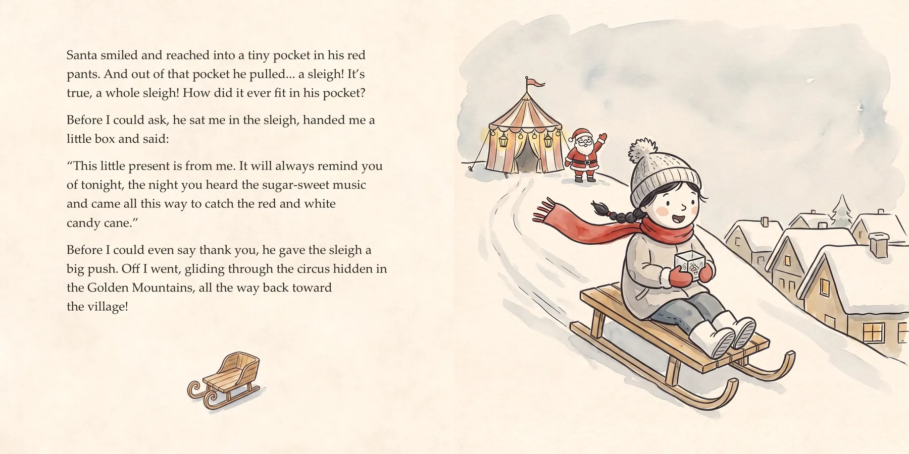 Inside The Christmas Secret, pages 28 and 29: Santa pulls a whole sleigh out of his pocket. Off she goes!