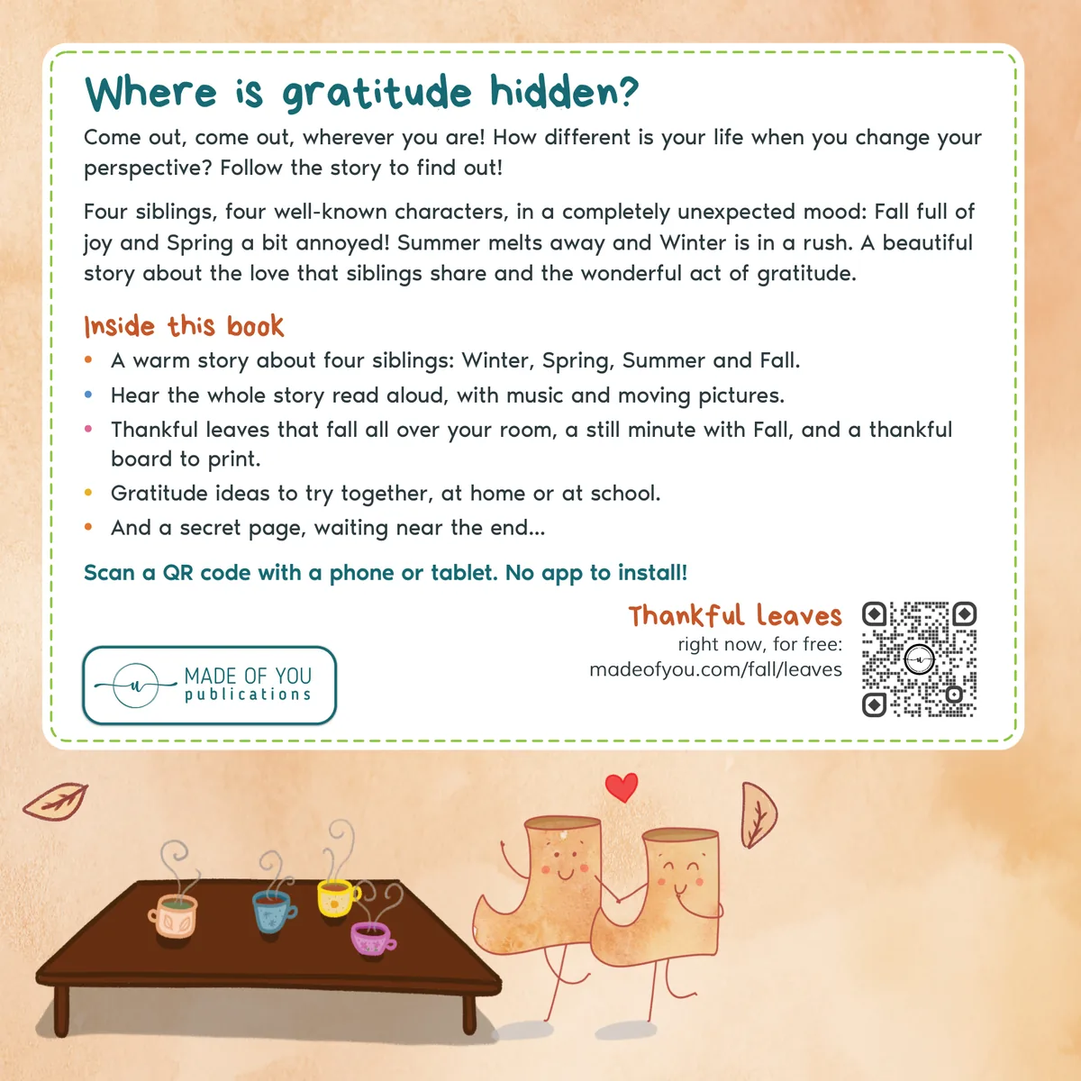Finding Gratitude back cover: Where is gratitude hidden? What is inside the book, and Fall's boots by the table