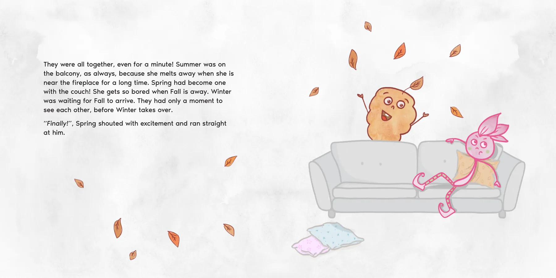 Inside Finding Gratitude: the siblings together at last, Spring on the couch and Fall among the leaves